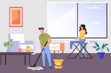 İki kişi erkek ve kadın karakterler oturma odası daire temizlik ve birlikte bez ütüleme. Ev işi konsepti. Vektör düz grafik tasarım karikatür illüstrasyon
