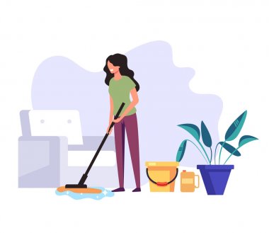 Woman housekeeper housewife cleaning company worker clean wash floor in house living room. Cleaning service concept. Vector flat graphic design cartoon illustration