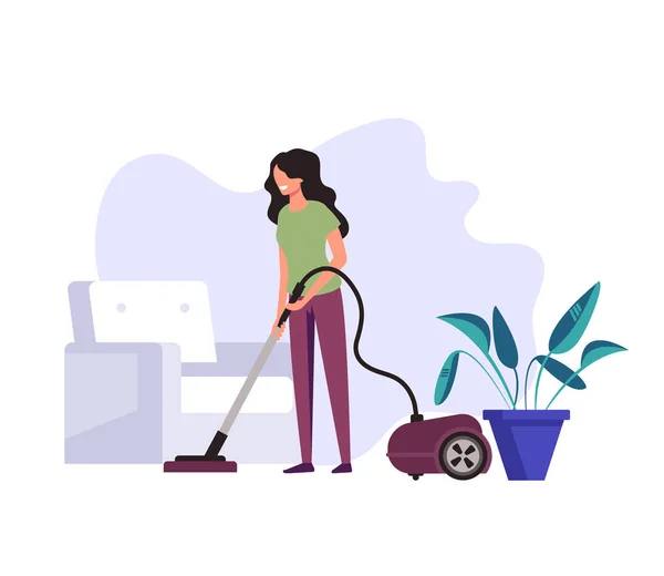 女性家政婦主婦掃除会社の労働者は 家のリビングルームで洗面床を掃除します 清掃サービスのコンセプト ベクターフラットグラフィックデザイン漫画イラスト — ストックベクタ