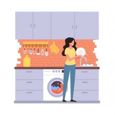 Woman housewife character washing dish plate. House work home interior concept. Vector flat graphic design cartoon illustration