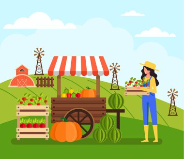 Woman farmer worker character sell vegetable. Farming agriculture concept. Vector flat cartoon graphic design illustration