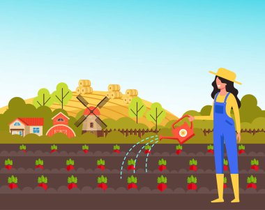 Woman farmer character watering plant. Farming agriculture concept. Vector flat cartoon graphic design illustration