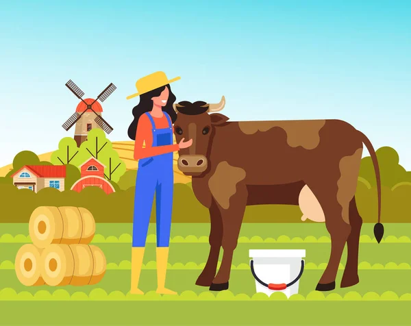 Woman Farmer Worker Character Milk Cow Farming Agriculture Concept Vector — 스톡 벡터