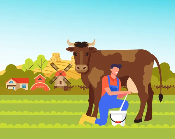 Человек Фермер Характер Молочной Коровы Концепция Сельского Хозяйства Векторная Плоская — стоковый вектор