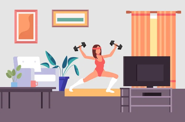 Woman Character Doing Fitness Sport Home Instructor Home Exercising Concept — Stok Vektör