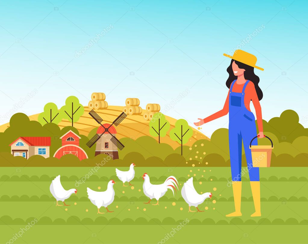 Woman farmer worker character feeding chickens. Farming agriculture concept. Vector flat cartoon graphic design illustration
