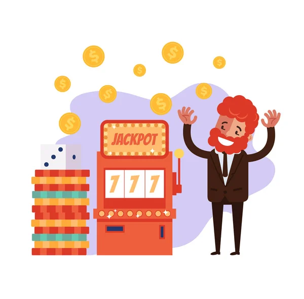 Happy Smiling Business Man Character Win Casino Clot Machine Jack — Stock Vector