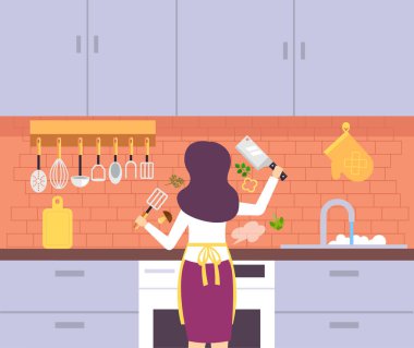 Mutlu gülümseyen kadın ev hanımı yemek. Vektör düz karikatür grafik tasarım illüstrasyon