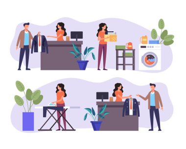 Çamaşır ve kuru temizleme giysi servis adımları illüstrasyon. Vektör düz karikatür grafik tasarım