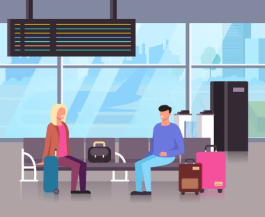 İnsanlar yolcular karakter gelen uçak bekliyor. Seyahat turizm iseyahat konsepti. Vektör düz karikatür grafik tasarım illüstrasyon