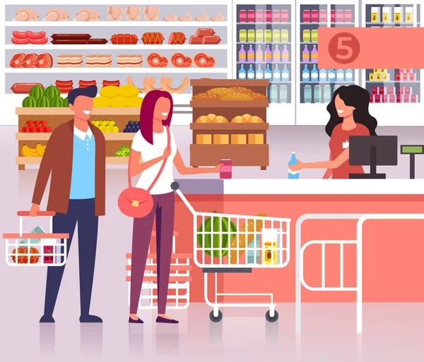 Ludzie Czekają Kolejce Gotówki Sklepie Supermarket Grafika Ilustracja Kreskówka Mieszkanie — Wektor stockowy