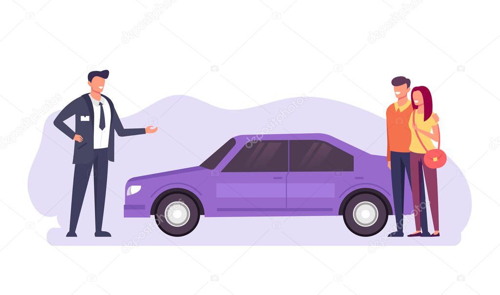 Happy smiling couple man woman character buying new car and shop store seller present car them. Car rent sell service concept. Vector flat cartoon graphic design illustration