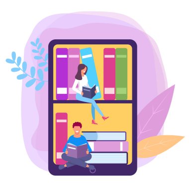 Akıllı telefonda kitap okuyan insanlar öğrenci. Online internet kütüphane kavramı. Vektör düz grafik tasarım izole illüstrasyon