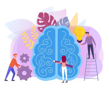 İnsanlar işçiler geliştirme yaratıcı yeni taze fikir tasarım projesi. Takım çalışması konsepti. Vektör düz grafik tasarım izole illüstrasyon