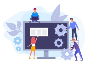 Bu ekip web sitesi geliştirme üzerinde çalışıyor. Seo optimizasyon konsepti. Vektör düz grafik tasarım izole illüstrasyon