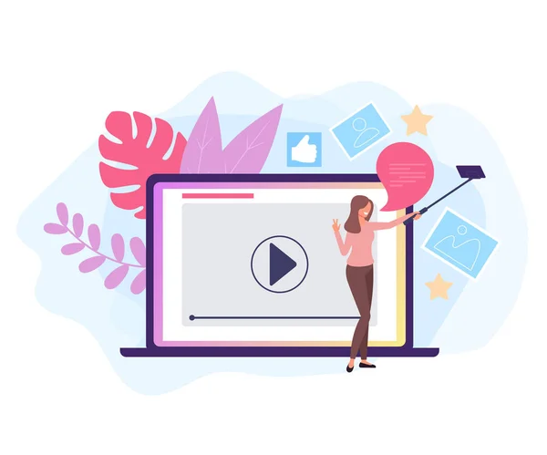 Internet kadın blogger karakter kayıt video. Çevrimiçi akış konsepti. Vektör düz grafik tasarım izole illüstrasyon