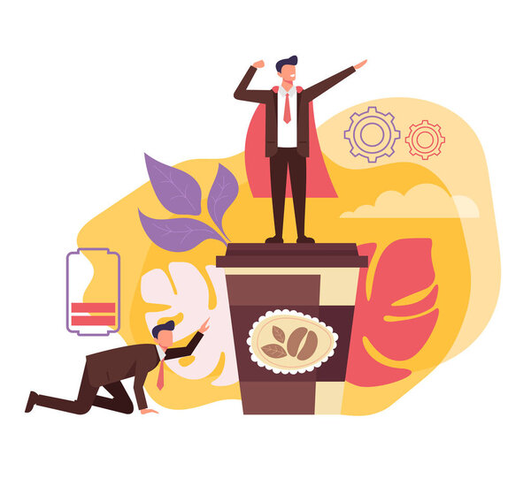 Два менеджера офисных работников устали и полны энергии. Концепция утреннего кофе. Векторная плоская графическая иллюстрация
