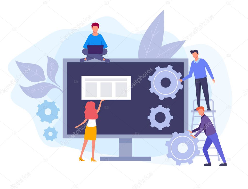 IT team working on web site development. Seo optimization concept. Vector flat graphic design isolated illustration