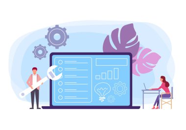 Teknik destek ve problem çözme kavramı. Vektör düz grafik tasarım izole illüstrasyon