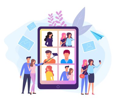 İnsanlar karakter fotoğraf yapıyor. Fotoğraf galerisi telefon konsepti. ektor düz karikatür grafik tasarım afiş afiş illüstrasyon