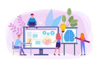 Proje üzerinde çalışan ofis çalışanları takım karakterleri. Vektör düz karikatür grafik tasarım afiş afiş illüstrasyon