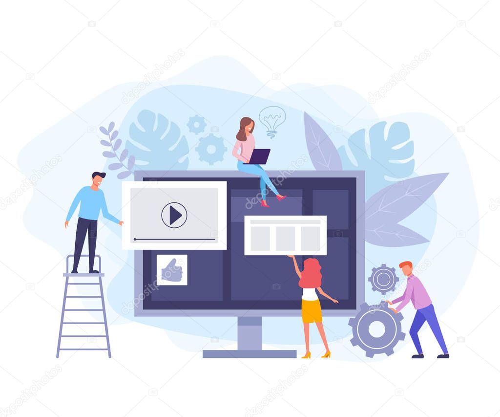 Internet online teamwork. Vector flat cartoon graphic design banner poster illustration