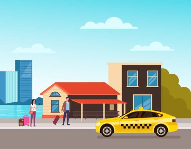 Yolcular taksi bekliyor. Çevrimiçi ulaşım konsepti. Vektör düz grafik tasarım karikatür illüstrasyon