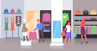 İnsanlar tüketiciler karakter seçimi ve bez çalışıyor. Alışveriş konsepti. Vektör düz grafik tasarım karikatür illüstrasyon