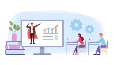 Öğrenciler ofis işçileri karakter dinleme online sunum. Başarı iş İnternet Web öğretici kavramı. Vektör düz grafik tasarım karikatür illüstrasyon