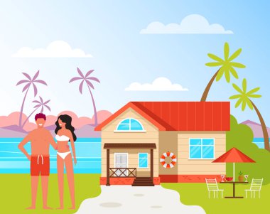 İnsanlar birkaç karakter güneşleniyor. Seyahat tesisi konsepti. Vektör düz grafik tasarım karikatür illüstrasyon