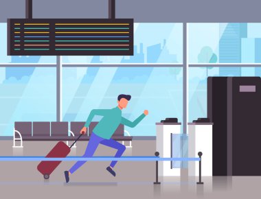 Man passenger character running and late at airplane. Vector flat graphic design cartoon illustration clipart