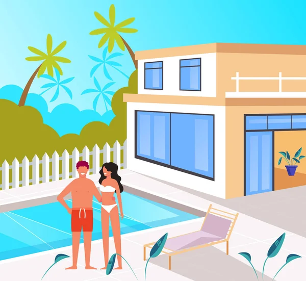 Menschen Touristenpaar Charaktere Sonnenbaden Der Nähe Schwimmbad Sommerzeit Tourismuskonzept Vektor — Stockvektor