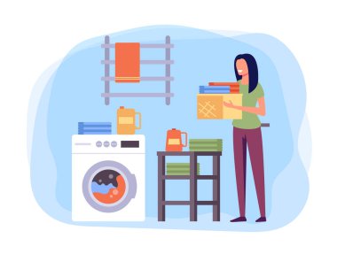 Kadın karakter kirli çamaşır sepetini getiriyor, temizlik konsepti. Vektör düz grafik tasarım çizgi film illüstrasyonu