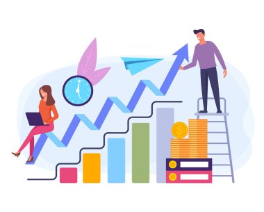 Halk ofis çalışanları işadamı başarı aşamasında birlikte çalışıyor. Takım çalışması konsepti. Vektör düz grafik tasarım karikatür illüstrasyon