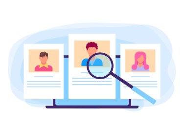 İnsan kaynakları baş avcı hr işe aday kişisel bilgi kavramı. Vektör düz grafik tasarım karikatür illüstrasyon