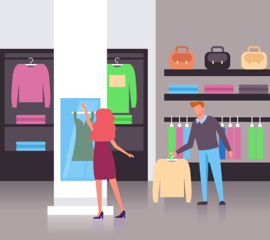 İnsanlar tüketiciler karakter seçimi ve bez çalışıyor. Alışveriş konsepti. Vektör düz grafik tasarım karikatür illüstrasyon