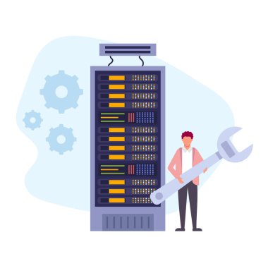 Veri depolama koruma odası işçiler kavramı. Vektör düz grafik tasarım karikatür illüstrasyon