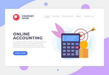 Online muhasebe hizmeti afiş afiş web sitesi sayfa arayüzü kavramı. Vektör düz grafik tasarım karikatür illüstrasyon