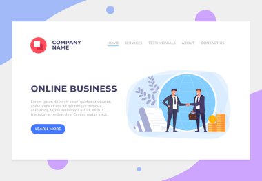 İki işadamı ofis çalışanı karakter el sıkışıyor. Online iş anlaşması anlaşma başarı hizmeti afiş afiş web sitesi sayfası arayüzü kavramı. Vektör düz grafik tasarım karikatür illüstrasyon