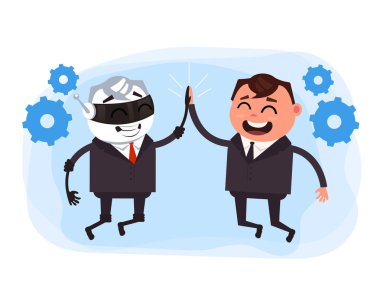İnsan ve robot karakterleri işbirliği. Vektör tasarım grafik düz karikatür illüstrasyon