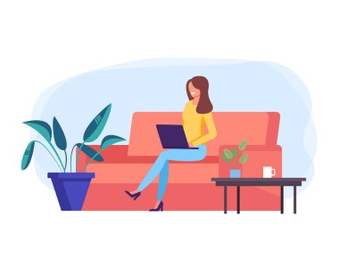 Evde çalışan serbest kadın ofis çalışanı karakter. Serbest çalışma konsepti. Vektör tasarım grafik düz karikatür illüstrasyon