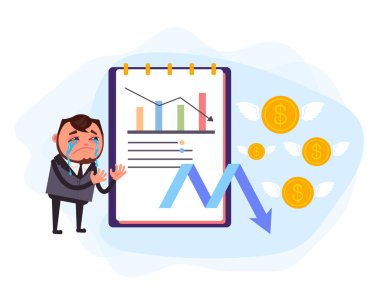 İş adamı ofis çalışanı karakter iş başarısız hakkında ağlıyor. Başarısız iş konsepti. Vektör tasarım grafik düz karikatür illüstrasyon