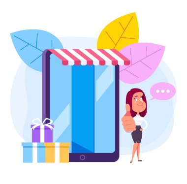 Kadın karakter ve özel teklif promo. Alışveriş konsepti. Vektör düz karikatür tasarım grafik illüstrasyon