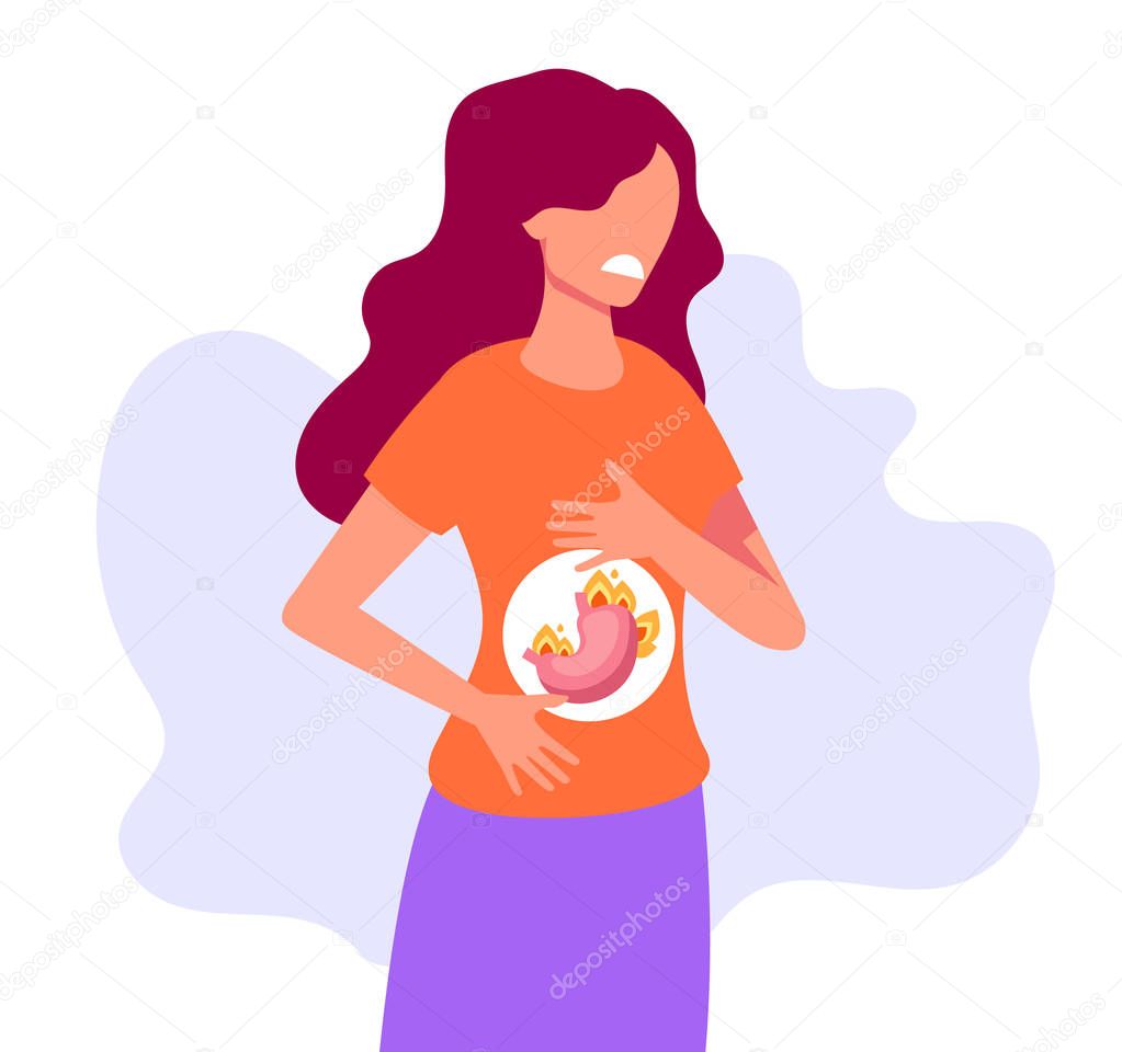 Woman character holding abdomen and feel pain. Heartburn and stomach problems concept. Vector flat cartoon graphic design illustration