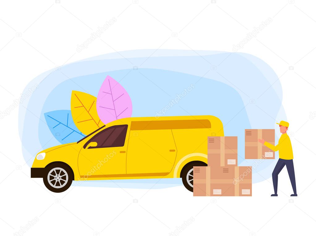 Delivery man character holding box. Shipment logistic concept. Vector flat cartoon design graphic illustration