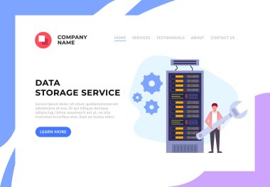 Veri depolama koruma odası çalışanları web banner kavramı. Vektör düz grafik tasarım karikatür illüstrasyon