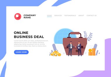 İki işadamı ofis çalışanı karakter el sıkışıyor. İş anlaşması anlaşma başarı web afiş kavramı. Vektör düz grafik tasarım karikatür illüstrasyon