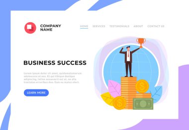 İşadamı kazanan karakter para üzerinde duruyor. Başarılı iş web sayfası afiş kavramı. Vektör düz karikatür tasarım grafik illüstrasyon
