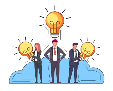 İş adamları karakter ofis çalışanları iyi bir fikir sahip. Takım çalışması çizgi sanat konsepti. Vektör düz grafik tasarım karikatür illüstrasyon