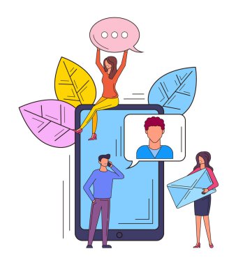 Kişi kullanıcıları karakterleri internet akıllı telefon ile iletişim kurar. Online iletişim hattı sanat kavramı. Vektör düz karikatür tasarım grafik illüstrasyon